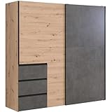 FORTE WINN 2 Schrank, Kleiderschrank, Schwebetürenschrank mit Schubladen, Schlafzimmerschrank, Holz Dekor: Artisan Eiche mit Betonoptik Grau, 200 cm breit x 200 cm hoch x 61,2 cm tief