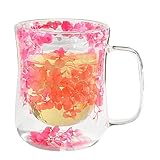 Fukamou Ästhetische Blumenbecher,Trockenblumenbecher,Blumen-Doppelwand-Teetassen Aus Glas - 370 Ml Klarer, Hitzebeständiger Glasbecher -Mit Trockenblumen-Design, Doppelwandig Für Cappuccino, Tee,