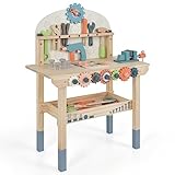 COSTWAY Werkzeugbank für Kinder, Spielwerkbank Holz mit magnetischem Gestell, Ablageregal & Zubehör, Werkstatt Werkbank mit Werkzeugen Set Montessori für Kinder ab 3 Jahren