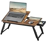 SONGMICS Laptoptisch für Bett, Laptopständer, Winkel- und höhenverstellbar, klappbare Beine, für Laptops bis 15,6 Zoll, Arbeiten, Lesen, Frühstücken, Bambusbeine, Schublade, vintagebraun LLD105B01