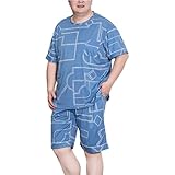 Herren Pyjama Kurzarm Nachtwäsche Soft Pj Top und Pyjama Shorts Sets 3XL-5XL,Lines,5XL