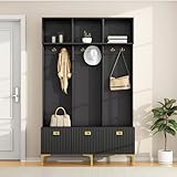 Ymkua Garderobenset Wandgarderobe, Flurgarderobe Set mit offene Aufbewahrung, Garderoben Set mit 6 Goldene Haken und Türen, Kompaktgarderobe, Wandgarderobe, B120/D23.5/H191.5 cm (Schwarz)