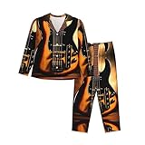 Zaixiansj Damen-Pyjama-Set mit Instrumentalgitarre, langärmelig, Loungewear, Nachtwäsche, weicher Damen-Pyjama mit Taschen, Schwarz , M