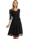 KOJOOIN Damen Vintage Kleid Brautjungfernkleid Knielang Langarm Spitzenkleid Cocktailkleid Schwarz L