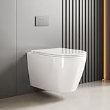 WC Hängend Toilette, Spülrandlos Wand-WC Set aus Keramik mit Toilettendeckel Abnehmbaren Absenkautomatik Effizienter Spültechnik Hängetoilette, D-Form,Lang 55.5cm, Weiß