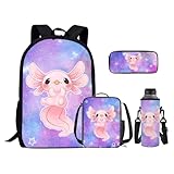 Ystardream Axolotl Schultaschen für Mädchen 10–12, Rucksack für Mädchen, mit Lunchbox, Federmäppchen, 4-teiliges Set, Büchertasche, Laptop-Rucksack für Kinder, Mädchen, Jungen, Vorschulrucksack,