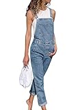 Onsoyours Jeanslatzhose Damen Latzhose Retro Jeanshose Trägerhose Hoseanzug Denim Blumen Overall Gerades Bein Lang Trägerhose Ärmellos Locker mit Taschen B Hellblau Large