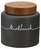 KHG Knoblauch Aufbewahrung Keramik Steingut poliert, Anthrazit Grau Holz-Deckel Bambus, Knoblauchdose 250 g oder 1,5 Liter, rund & mit Beschriftung, Knoblauch Behälter Höhe 13,5 cm
