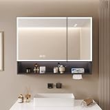 LED-Badezimmer-Spiegelschrank mit Smart-Touch-Schalter, stufenloses Dimmen, Make-up-Spiegel, Anti-Beschlag-Funktion, integrierter Papierspender, stilvolle und funktionale Aufbewahrungslösung