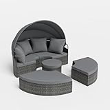 GYMAX Garden Sonneninsel, Sonnenliege mit faltbarem Sonnendach & abnehmbaren Kissen, Gartenliege wetterfest, Lounge Gartenmuschel Rattanmöbel für Garten, Terrasse, Balkon (Grau)