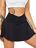 HAWILAND Tennisrock Damen - Hosenrock Crossover Waist V-Bund Tennis Skort mit Taschen Golfrock für Radfahren Wandern Laufen #1 Schwarz S