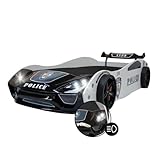 Coemo Kinder Autobett V2 Police Kinderbett 90x200 im Rennwagen super Streifenwagen Design mit LED Beleuchtung und Lattenrost für Jungen und Mädchen - Betten Farbe Weiß