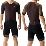 MY KILOMETRE Herren Triathlon Anzug – Einteiler Kurzarm Trisuit Schnelltrocknend Atmungsaktiv mit Rückentasche für Rennen und Training （Braun M）