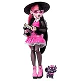 Monster High Draculaura-Puppe mit ihrem Haustier, der Fledermaus-Katze Count Fabulous, und Accessoires wie Rucksack, Zauberbuch, Bento-Box und mehr, HRP64