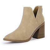 FISACE Damen-Stiefeletten mit Rüschen, V-Ausschnitt, spitzer Zehenbereich, klobiger niedriger Absatz, elegante Western-Stiefeletten, Braun, 42 EU