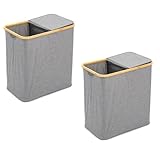 2x Wäschesortierer 90L – 2-Fächer Wäschebox mit Deckel 53,5 x 33 x 56 cm faltbarer Wäschekorb aus Bambus & Polyester Wäschesammler für Bad & Schlafzimmer