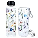 PAPU Trinkflasche Glas 1L/1000ml, 5,5 cm Weithals Glasflasche mit Schutzhülle & Edelstahl Sieb,BPA-frei,Auslaufsicher Trinkflaschen Kohlensäure Geeignet für Sport,Büro(Blauviolett)