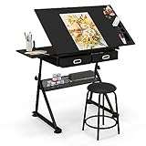 GIANTEX Zeichentisch mit Hocker, Architektentisch Schreibtisch höhenverstellbar & neigungsverstellbar, Schülerschreibtisch 2 Schubladen / 2 Arbeitsflächen, Bürotisch Arbeitstisch Architekten (Schwarz)