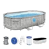 Bestway Power Steel Swim Vista Series Frame Pool Komplett-Set mit Filterpumpe 427 x 250 x 100 cm, Steinwand-Optik (Cremegrau), oval