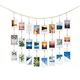 Fotoseil mit Holzklammern, Hängende Foto-Display Boho Wand Dekor mit 28 Clips Holz Perlen Girlande Bild Karte Collage Rahmen Halter für Schlafzimmer, Wohnzimmer, Büro und Studentenwohnheim Deko