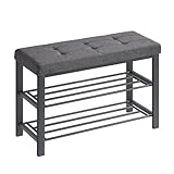 SONGMICS Schuhbank, Schuhregal mit 3 Ebenen, Schuhaufbewahrung, Sitz mit Schaumstoffpolsterung, Leinen, Metallrahmen, für Wohnzimmer Eingangsbereich, 31 x 81 x 49 cm, dunkelgrau-schwarz LBS057B01