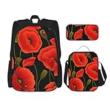 QPIPGER 3-in-1 modisches Rucksack-Set mit Lunchtasche und Schreibwarentasche, wasserdicht, mit schwarzem und rotem Blumendruck