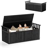 HOMASIS 209L Auflagenbox XXL, Gartenbox aus Fichtenholz, Aufbewahrungsbox mit Deckel & Armlehnen, Gartentruhe Kissenbox, Auflagentruhe Sitzbank mit Stauraum für Garten Balkon (Schwarz)