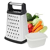 4-seitige Edelstahl Küchenreibe mit Behälter – Multifunktionale Vierkantreibe mit Rutschfestem Griff für Gemüse, Käse, Parmesan, Zesten, Handreibe zum Grob-, Mittel-, Feinreiben & Hobeln