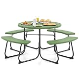 GIANTEX Gartenmöbel Picknicktisch Set 8 Personen, Bierzeltgarnitur Runder Gartentisch mit 4 Bänken, Biertisch mit Schirmloch, Garten Sitzgruppe wetterfest aus HDPE, Bierbankgarnitur (Grün)