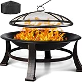 TLGREEN Feuerkorb mit funkenschutz, Φ76cm Feuerschale mit grillrost, Retro-Look Feuerstelle, Feuerschalen für den Garten, BBQ Feuerschale Grill, Stabil und Funktional, Schwarz, Groß