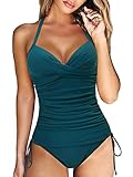 Yutdeng Tankini Damen Push Up Badeanzug Bauchweg Tankini Oberteil mit Bügel Rüschen Kordelzug Side Verstellbarer Schultergurt Bademode Zweiteiliger Tankini Bikini Set mit Slip,Blau,M