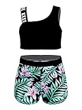 iEFiEL Mädchen Blumenmuster Tankini Set Hawaii Badeanzug Bademode Zweiteiler Badebekleidung Set Sportlich Gymnastikanzug Grüne Lilie 146-152