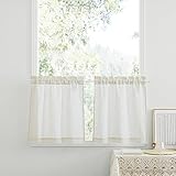 PONY DANCE Bistrogardine 2er Set Leinen Vorhang Boho Halbtransparent B 60 x H 45 cm Scheibengardinen Landhausstil Kurze Gardine für Küche und Wohnwagen Fenster, Beige