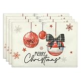 comfoyar Tischsets Frohe Weihnachten 4er Set, Leinen Schneeflocke Kugeln Platzsets mit Sternen Schleife, Waschbar Weihnachtsfest Platzdeckchen für Küche Esszimmer Partytisch Dekoration (30 x 45cm)
