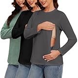 Love2Mi 3 Pack Damen Langarm Stillshirt mit Verstecktem Reißverschluss Umstandsshirt Umstandsmode