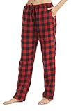 YUSHOW Schlafanzughose Damen Lang Flanell Baumwolle Karierte Pyjamahose Winter Weich Nachtwäsche Hose Freizeithose mit Taschen und Kordelzug, Rot Schwarz Kariert Größe M