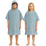 CalmyBEACH Leicht Frottee Badeponcho Kinder - Mädchen Jungen Baumwolle Poncho Handtuch Bademantel Badetuch Surf Strandponcho Kapuzenhandtuch 6-9 Jahre Blau