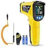 Infrarot Thermometer Laser MESTEK Temperaturmessgerät mit K-Sonde IR Pyrometer -50°C bis 800°C Berührungslos Farbe LCD Alarmfunktion Einstellbarer Emissionsgrad für Küche