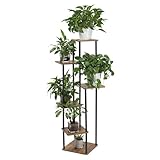 LEADZM 6 Etagen Pflanzenständer Blumenständer, Metall Holz Blumenhocker Blumentreppe Blumenregal, Blumentopf Ständer Pflanzentreppe für Balkon Garten Wohnzimmer, Schwarz (Schwarz, 6 Etagen)