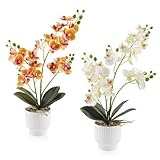 LEIMEND 2 Stück Künstliche Orchideen im Topf Orchidee Künstlich wie echt Kunstblumen im Topf Gelb Weiß Orchidee für Tischdekoration Büro Wohnkultur Hochzeitsfeier Dekoration