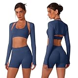 ABOCIW 3-teiliges Workout-Set für Damen, nahtlos, Neckholder, Sport-BH, hohe Taille, Biker-Shorts, langärmelig, Bolero mit Daumenloch, Dunkles Saphirblau, Large