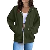 Sweatjacke Damen Mit Kapuze Reißverschluss Vintage Hoodie Damen Oversize Baumwolle Langarm Fleece Hoody Trainingsjacke Warm Winter Herbst Outfit 2025 Teenager Mädchen Kapuzenjacke(Armeegrün,M)