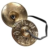 ERINGOGO Handcymbals aus Messing mit Riemen Kleine Tibetische Klangschalen für Meditation Yoga und Zeremonien mit Glücksbringenden Mustern Langer Klangton Handgefertigt