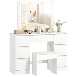 HOMCOM Schminktisch mit 8 LED-Lichtern, 3 Farben, Helligkeit verstellbar, Schminktisch mit gepolstertem Hocker, 7 Schubladen und Spiegel, Hollywood-Stil, Schminktisch für Schlafzimmer, Weiß