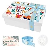 Geschenkbox Mit Deckel Geburtstag Kinder, Happy Birthday Geschenkkarton Mit Deckel, Gift Box Empty 25 x 18 x 8,5cm Geschenkboxen Geschenkboxen Mit Deckel mit Schleife, Grußkarte, Geschreddertes Papier