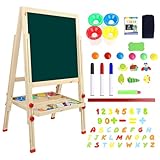 Dripex Kinder Tafel Holz Kindertafel Malerei Holztafel Doppelseitige Kreidetafel und Whiteboard Höhenverstellbar Standtafel mit 24Stk Zubehör (ab 3 Jahre)