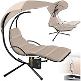 tectake® Hängeliege mit Gestell, Schwebeliege, Schwingliege mit Sonnendach, Schaukelliege, Hängesessel inkl. Tasche, Polsterauflage mit Kopfkissen, für Garten, Terrasse und Balkon - beige