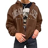 Tomwell Herren Kapuzenpullover Hoodie Druck Langarm Pullover Lässiges Los Angeles Sweatshirt Warm Pulli Sweatjacke mit Kapuze und Reißverschluss Sports Hoodie A Braun L