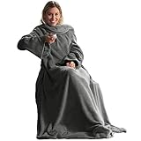 CelinaTex TV-Decke mit Ärmeln und Fußtasche Flauschige Kuscheldecke 150 x 180 cm grau Mikrofaser Fleece Soft Oeko-TEX