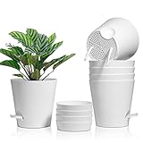 T4U 16,5cm Kunststoff Blumentopf mit Bewässerungssystem, 6er-Set Selbstbewässerung Übertopf mit Untersetzer, Rund Pflanzkübel für Innen und Balkon Garten Pflanzen Sukkulenten Kaktus, Weiß